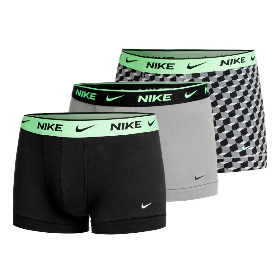 Tenniskleding Nike | Everyday Cotton Stretch Trunk Boxershort Verpakking 3 Stuks Heren Grijs, Neongroen